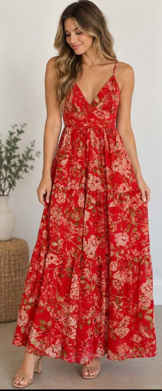 Flying Tomato Maxi Dress Size M Red Floral Tiered Halter Chiffon